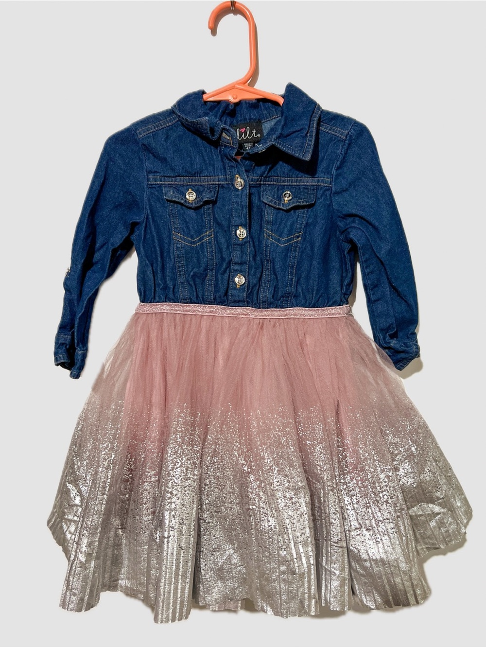 Lilt Girls Denim Tulle Dress 4T Pink Glitter Party Princess Long Sleeve
